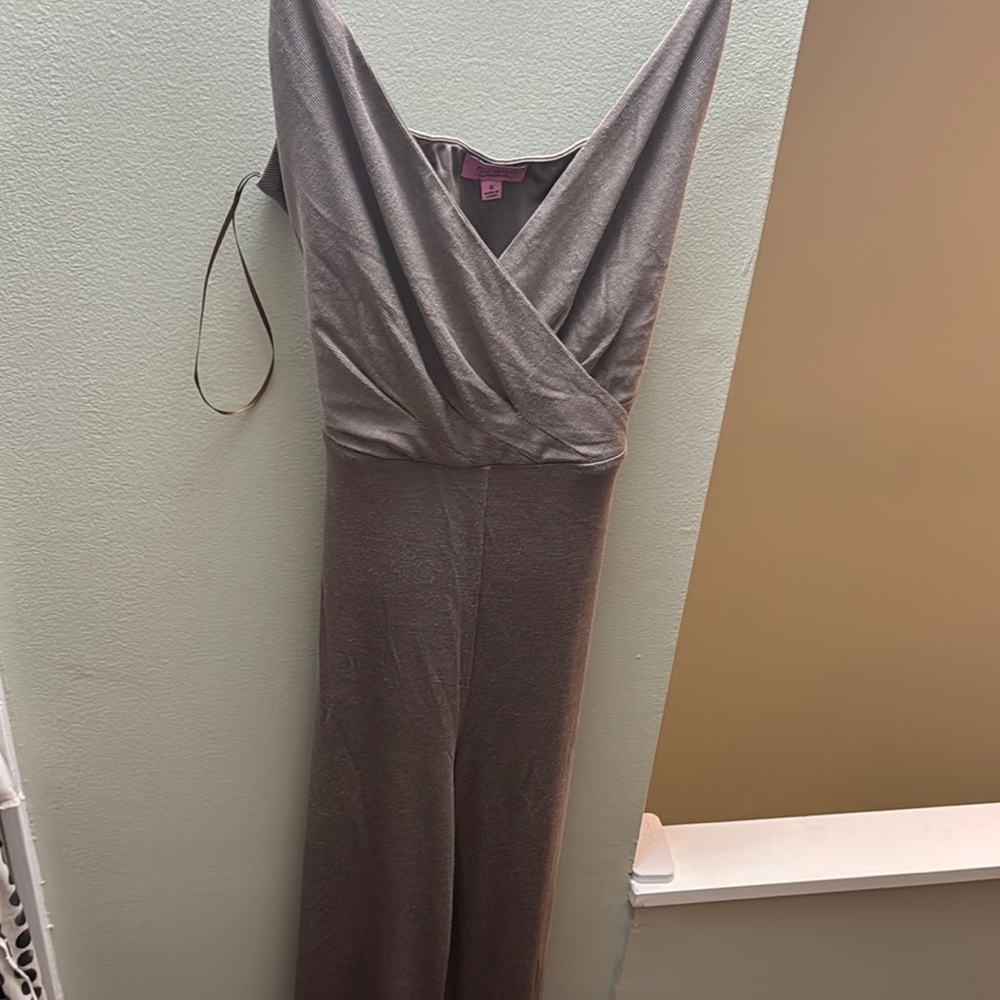 Elegant taupe spaghetti strap long pant romper with back tie